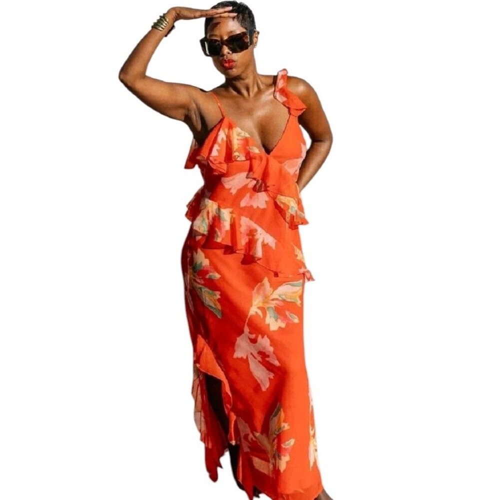 Future Collective Target X Jenee Naylor Dress Womens Large Orange Floral Ruffle